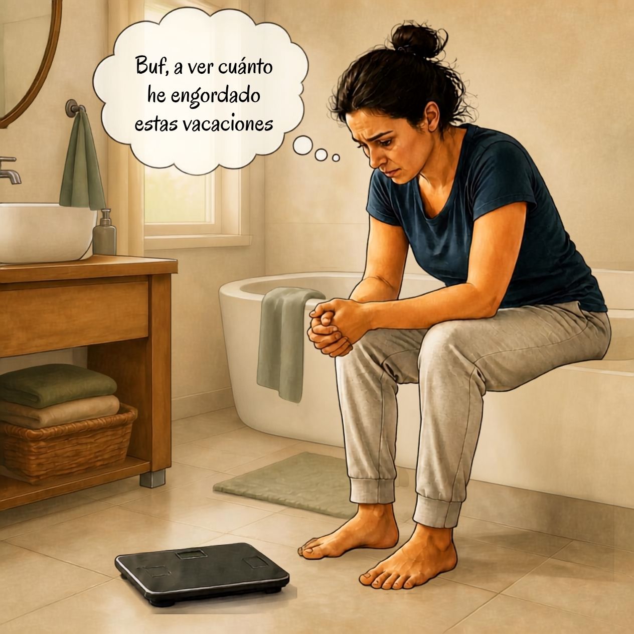 Ilustración de una mujer sentada frente a una báscula pensando en cuánto ha engordado durante las vacaciones.